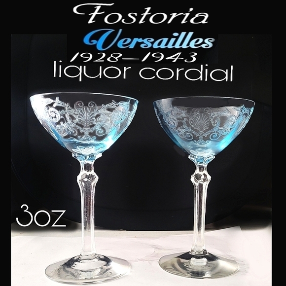 2 Fostoria Versailles Azul blue crystal  3oz stemmed liquor coupe glasses - Picture 1 of 10